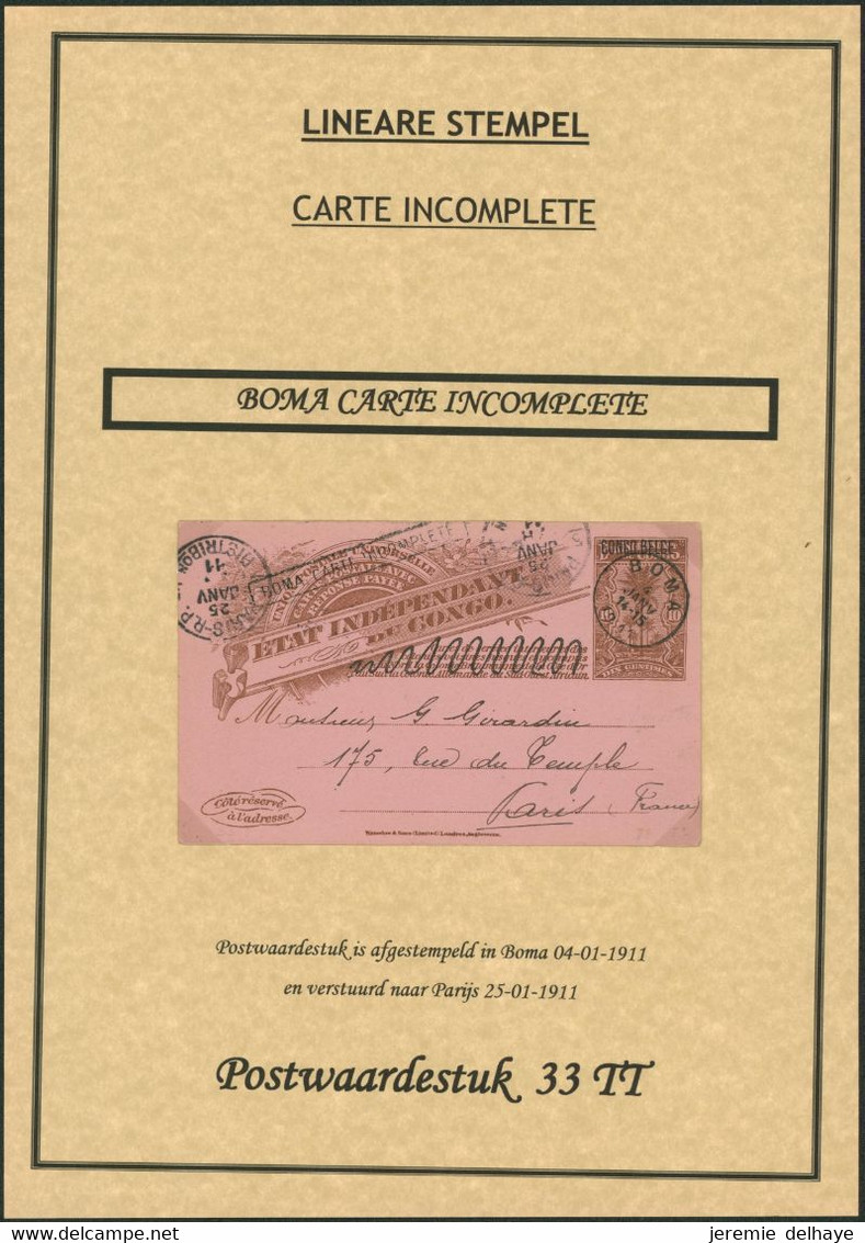 Congo Belge - EP Au Type N°33TT (SBEP) 10ctm Brun Expédié De Boma (1911) "carte Incomplète" > Paris - Postwaardestukken