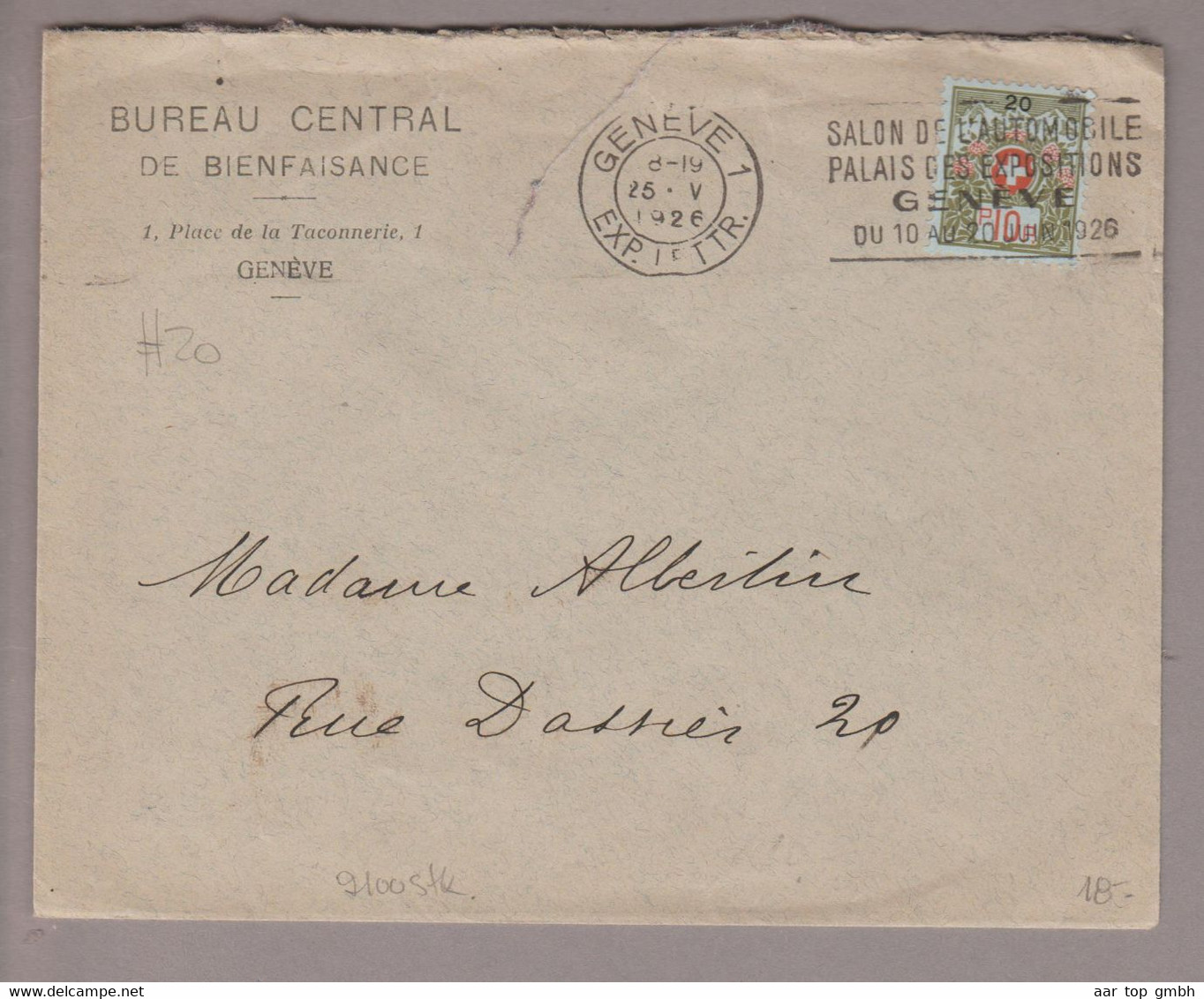 CH Portofreiheit Zu#9 10Rp. GR#20 Brief 1926-05-25 Genève Bureau Central De Bienfaisance - Franchigia