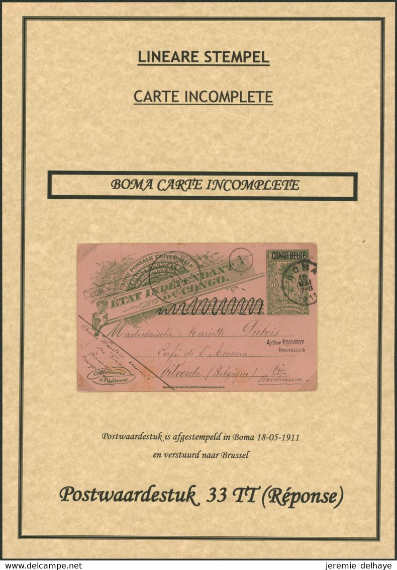 Congo Belge - EP Au Type N°33TT Réponse (SBEP) 10ctm Vert Expédié De Boma (1911) "carte Incomplète" > Brussel - Stamped Stationery