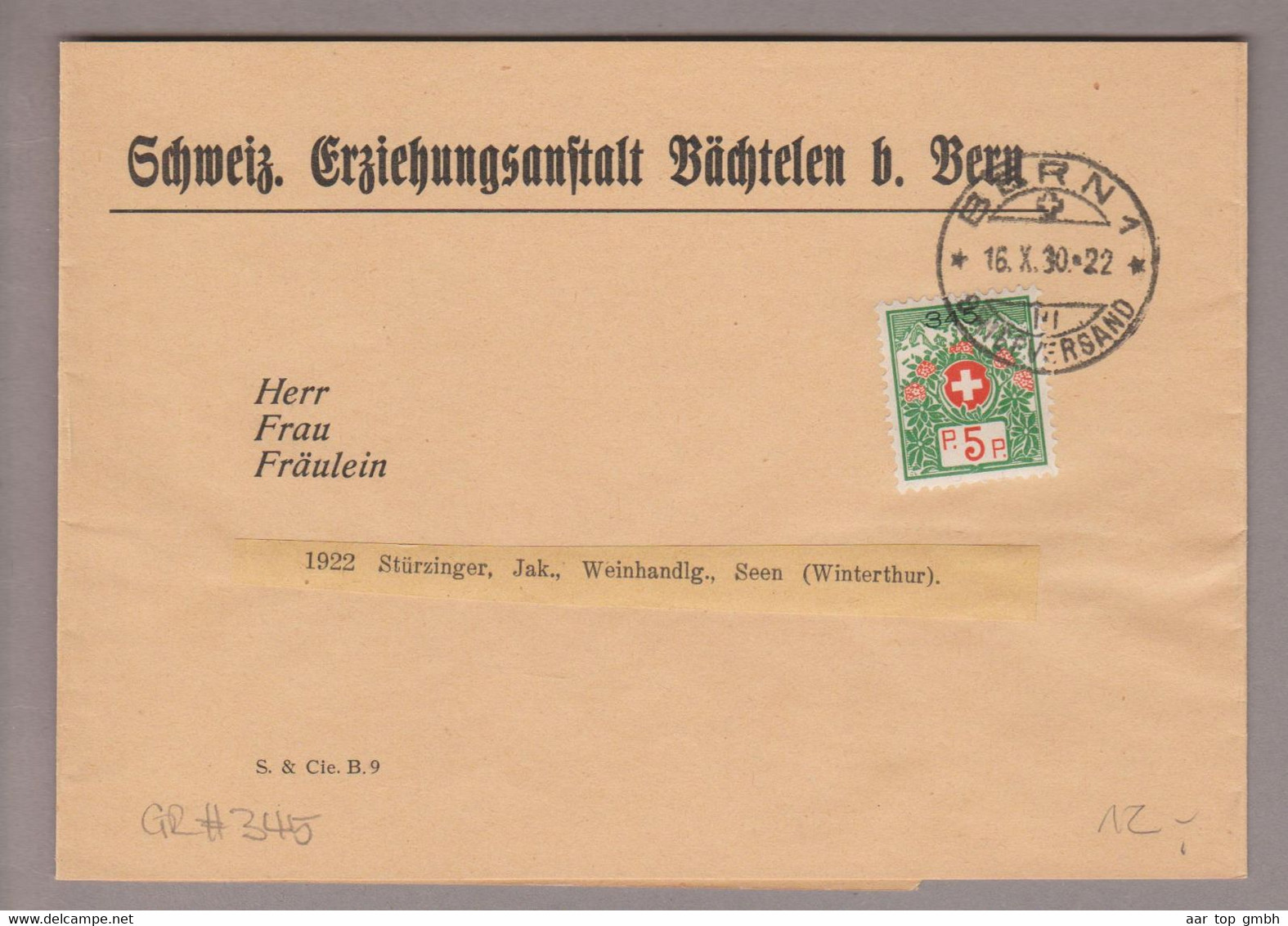 CH Portofreiheit Zu#8 5Rp. GR#345 Brief 1930-10-16 Bern1 Schweiz.Erziehungsanstalt Bächtelen B.Bern - Franquicia