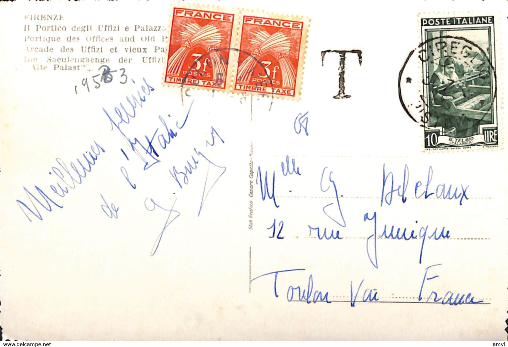 22-11-3333 Cachet Taxe T Italie  De Firenze Pour Toulon 2 Timbres Taxe 3f - 1960-.... Briefe & Dokumente