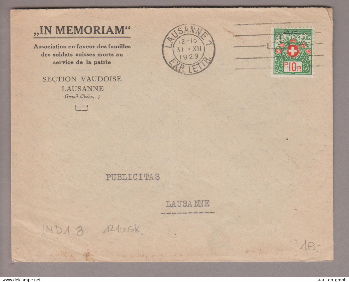CH Portofreiheit Zu#9 10Rp. GR#203 Brief 1929-12-31 Lausanne "In Memoriam" - Franchigia