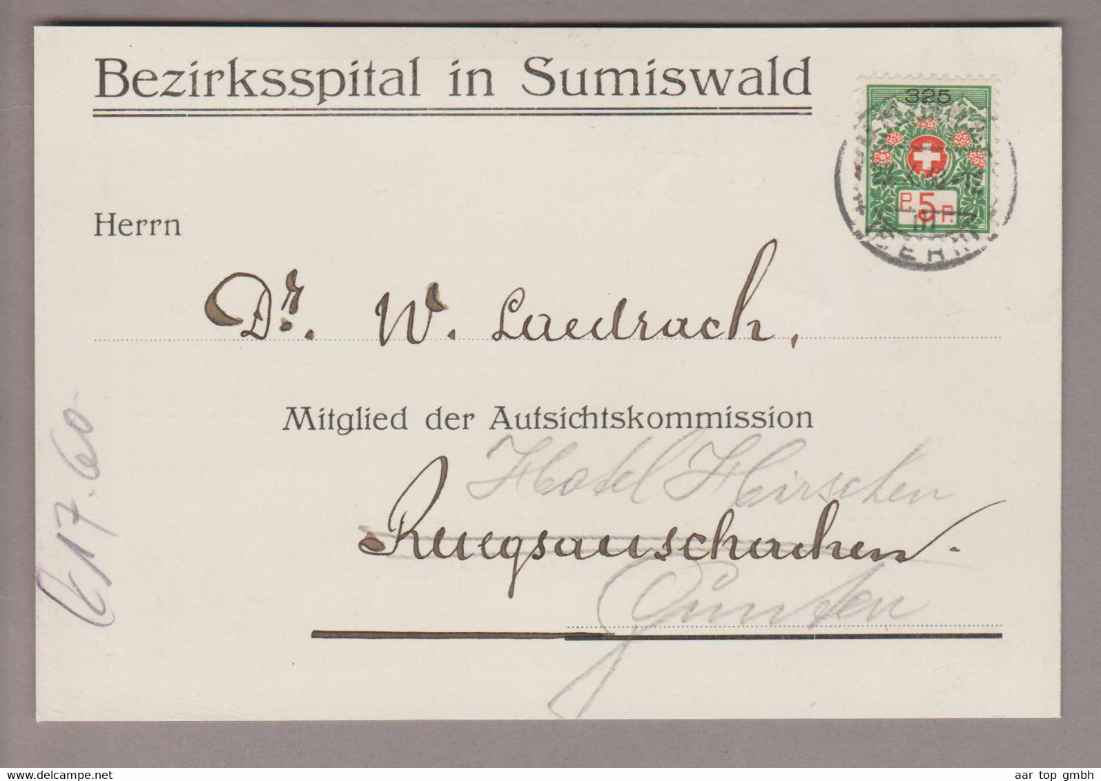 CH Portofreiheit Zu#8 5Rp. GR#325 Postkarte 1933-10-27 Sumiswald Bezirksspital - Franchigia