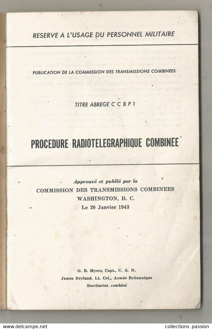 Livre,militaria,procédure Radiotélégraphique Combinée, CCBP1,réservé Personnel Militaire,1944, 51 Pages,frais Fr 3.75 E - Frans