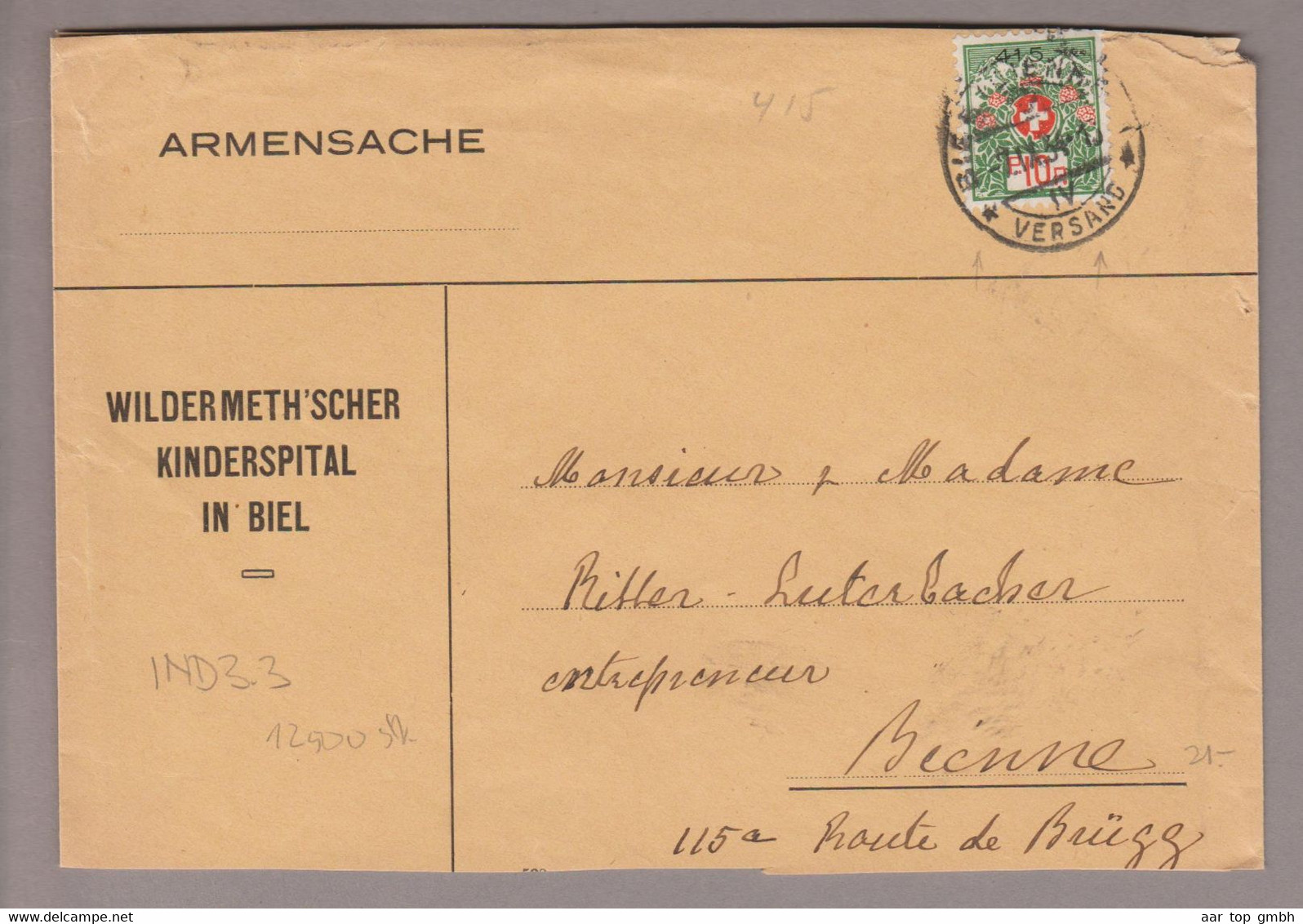 CH Portofreiheit Zu#12A 10Rp. GR#415 Brief Biel 1934-09-07 Wildermeth'scher Kinderspital In Biel - Franchise