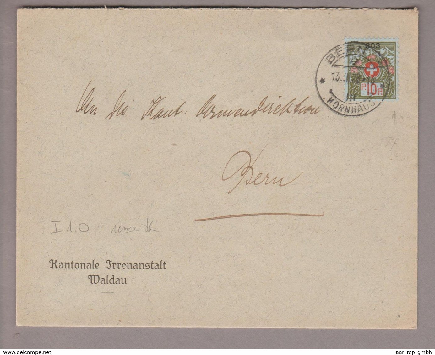 CH Portofreiheit Zu#9 10Rp. GR#303 Brief Bern 1928-12-13 Kantonale Irrenanstalt Waldau - Franchigia