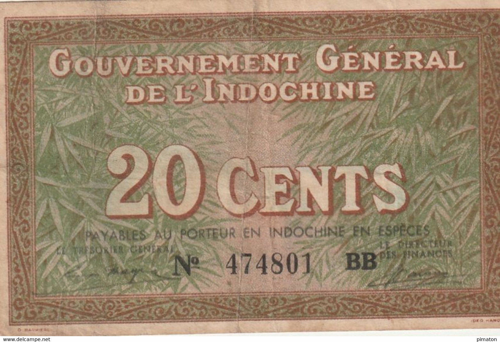 GOUVERNEMENT GENERAL DE L'INDOCHINE  - 20 CENTS 1939   RARE - Indochine