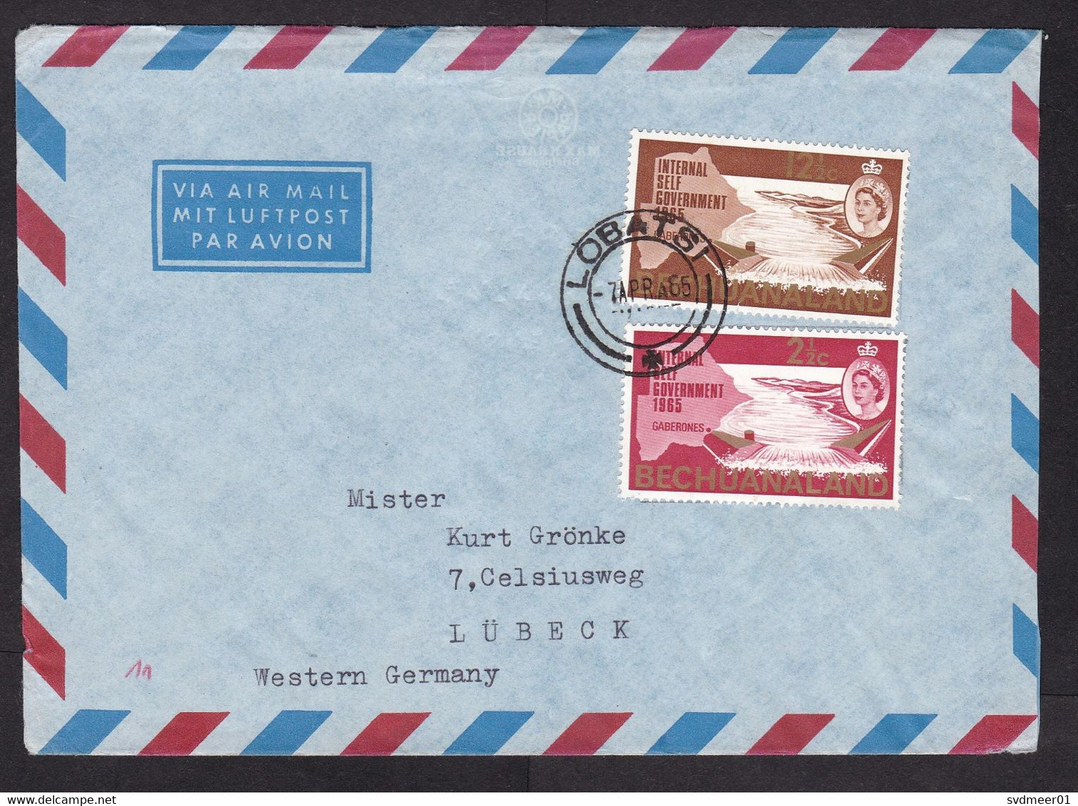 Bechuanaland: Airmail Cover To Germany, 1965, 2 Stamps, Dam, Self Government, Queen Elizabeth (minor Damage) - 1965-1966 Self Government