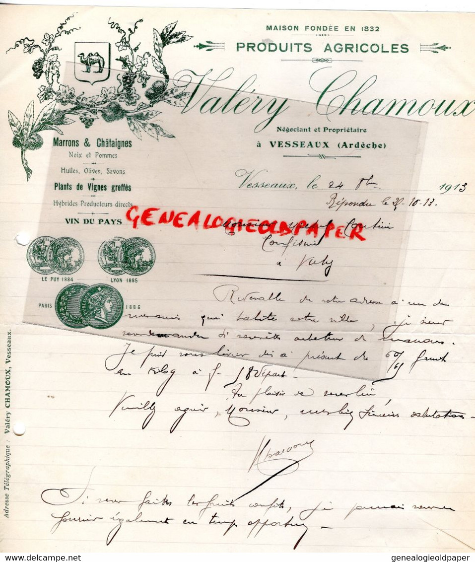 07- VESSEAUX- RARE LETTRE VALERY CHANOUX- PRODUITS AGRICOLES-MARRONS CHATAIGNES-NOIX-MICHEL COUTIRE CONFISEUR VICHY - Agriculture