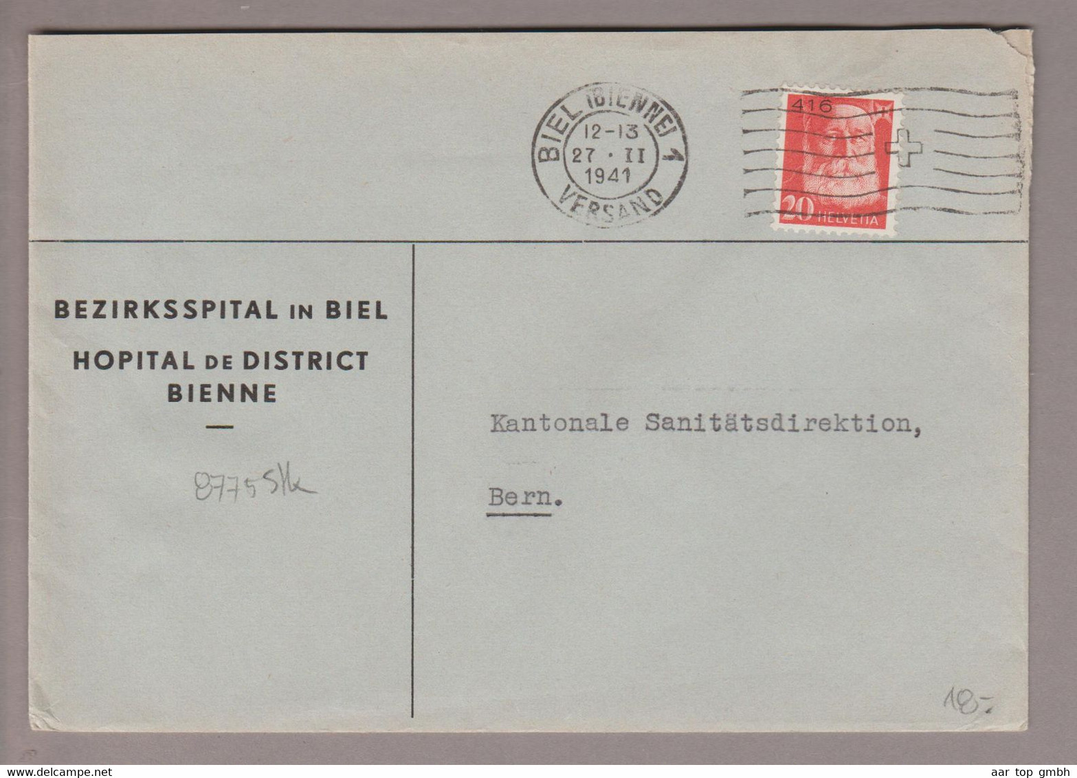 CH Portofreiheit Zu#16z 20Rp. GR#416 Brief 1941-02-27 Bezirksspital In Biel - Franchise