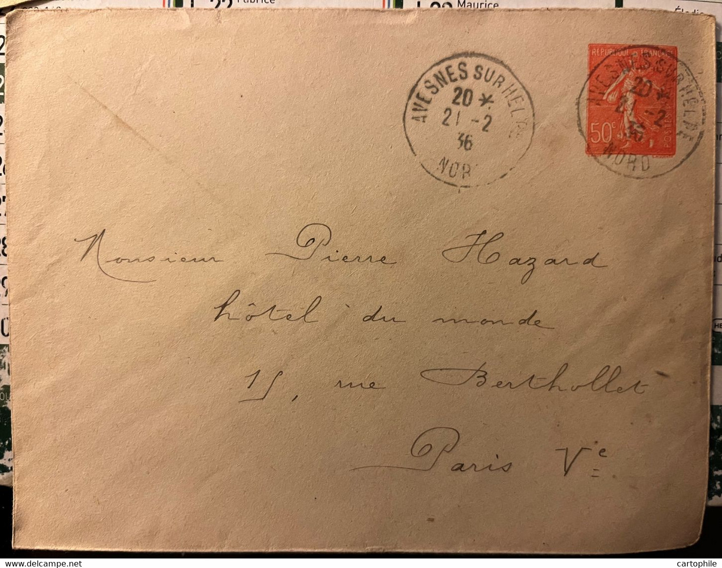 Entier Postal Sur Enveloppe - Semeuse Lignée 50 C De 1936 Postée De Avesnes Sur Helpe (Nord) - Standaardomslagen En TSC (Voor 1995)
