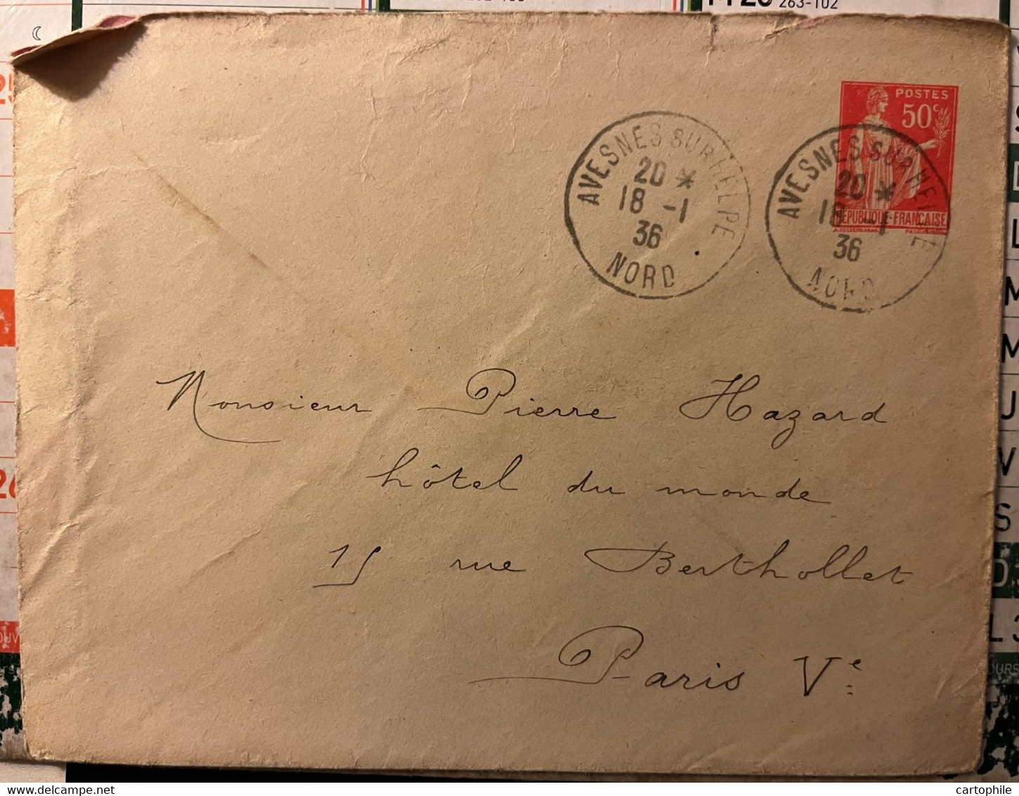 Entier Postal Sur Enveloppe - Type Paix 50 C De 1936 Postée De Avesnes Sur Helpe (Nord) - Standaardomslagen En TSC (Voor 1995)