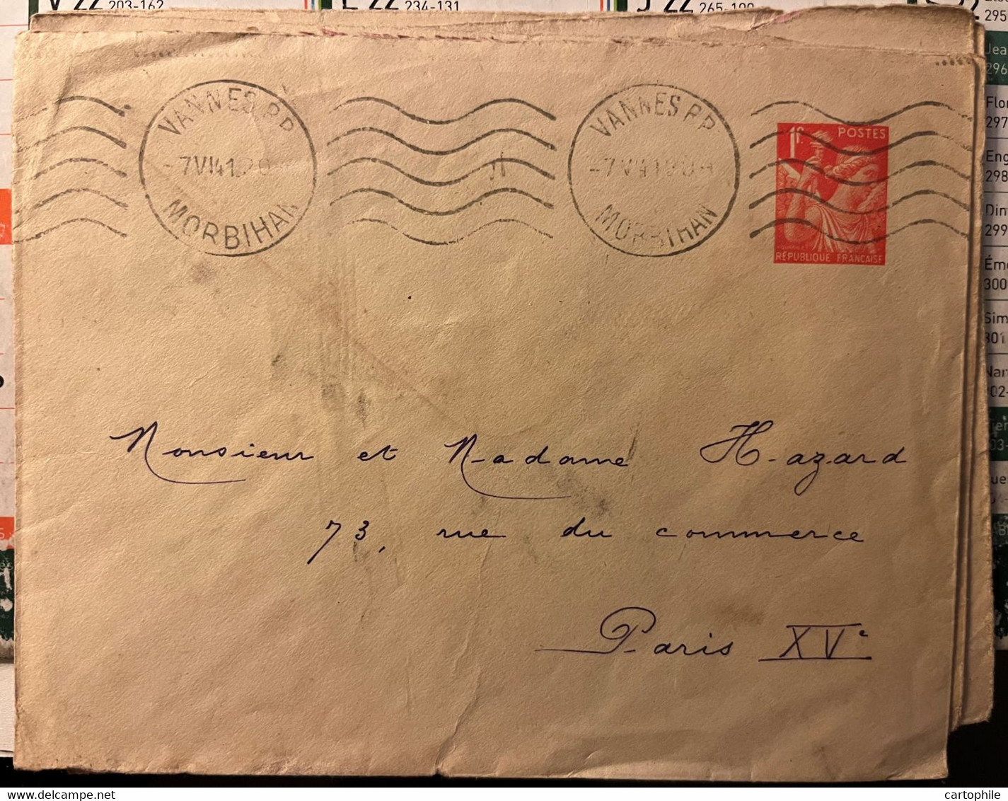 Entier Postal Sur Enveloppe - Type Iris 1 Fr De 1941 Postée De Vannes (56) - Standaardomslagen En TSC (Voor 1995)