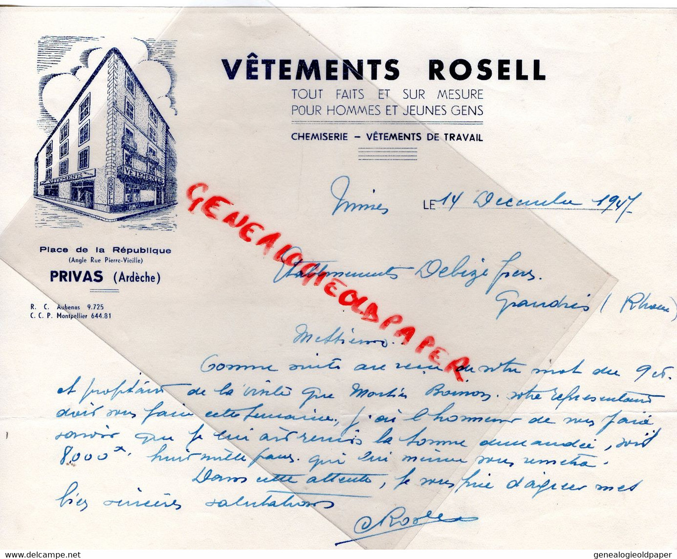 07- PRIVAS- LETTRE MAGASIN VETEMENTS ROSELL- CHEMISERIE-PLACE REPUBLIQUE- A DEBIZE FRERES GRANDRIS RHONE-1947 - Textile & Clothing