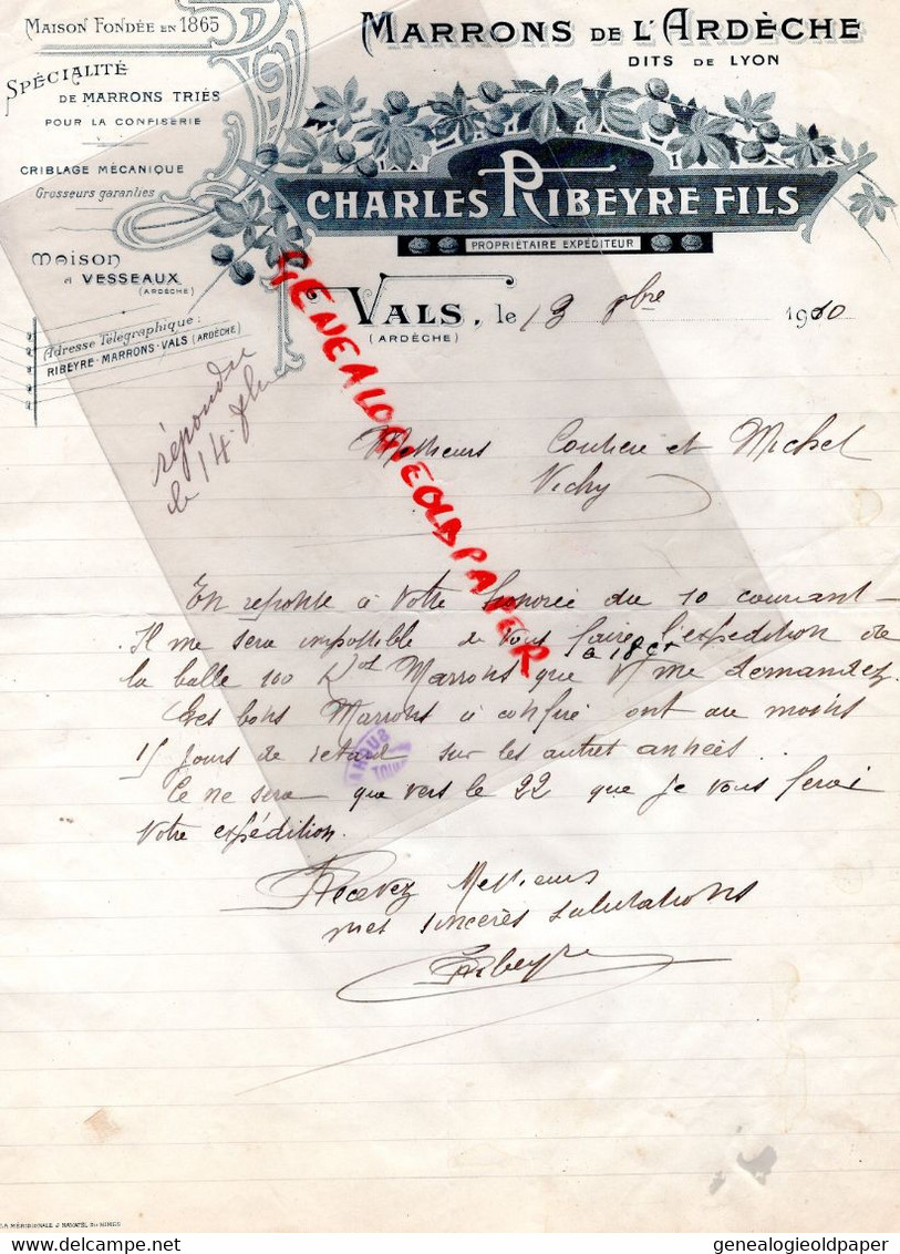 07- VALS- VESSEAUX- RARE LETTRE MANUSCRITE SIGNEE CHARLES RIBEYRE-MARRONS ARDECHE -A COUTIER MICHEL  VICHY-1910 - Food