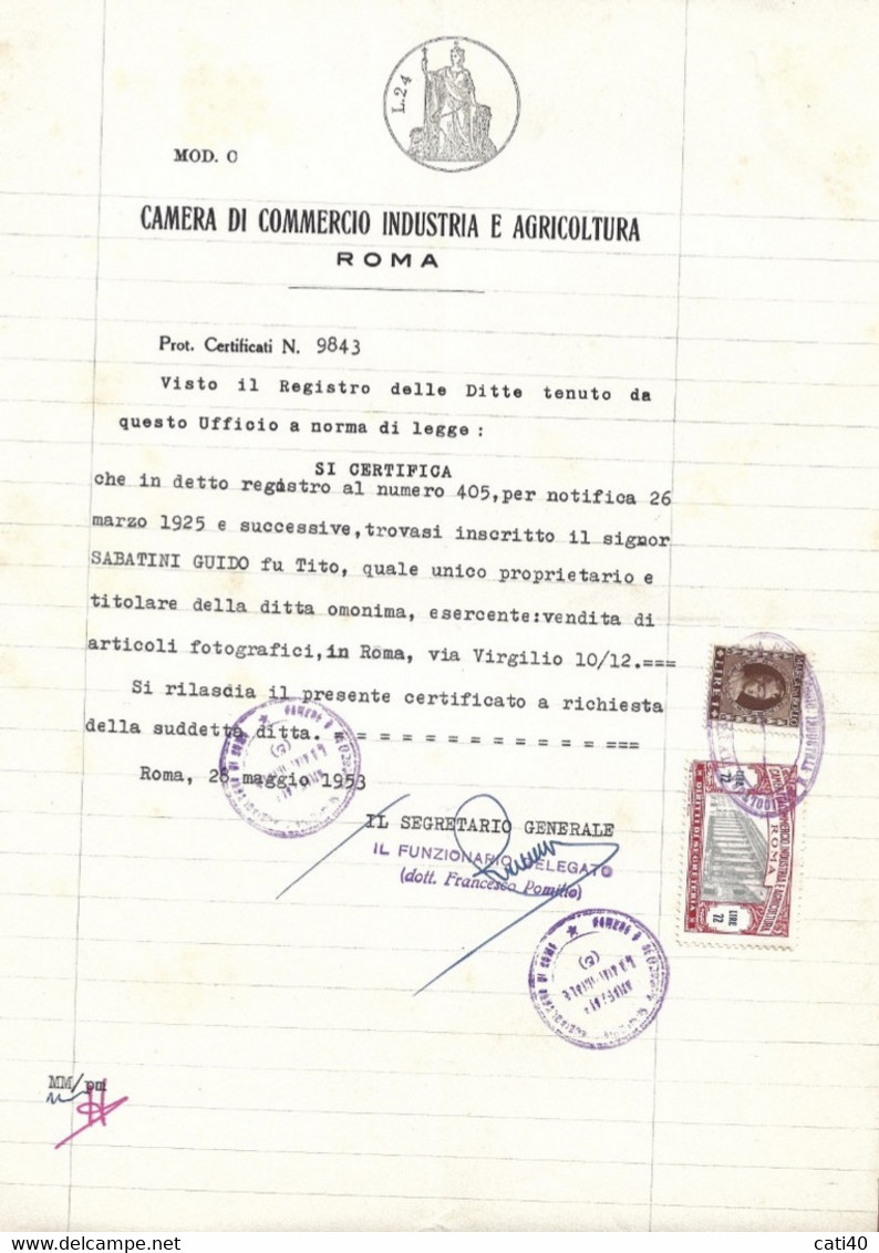 ROMA CAMERA DI COMMERCIO  INDUSTRIA E AGRICOLTURA - MARCA DA L. 72 SU DOCUMENTO IN BOLLO L. 24  COMPLETO 28/5/53 - Fiscaux