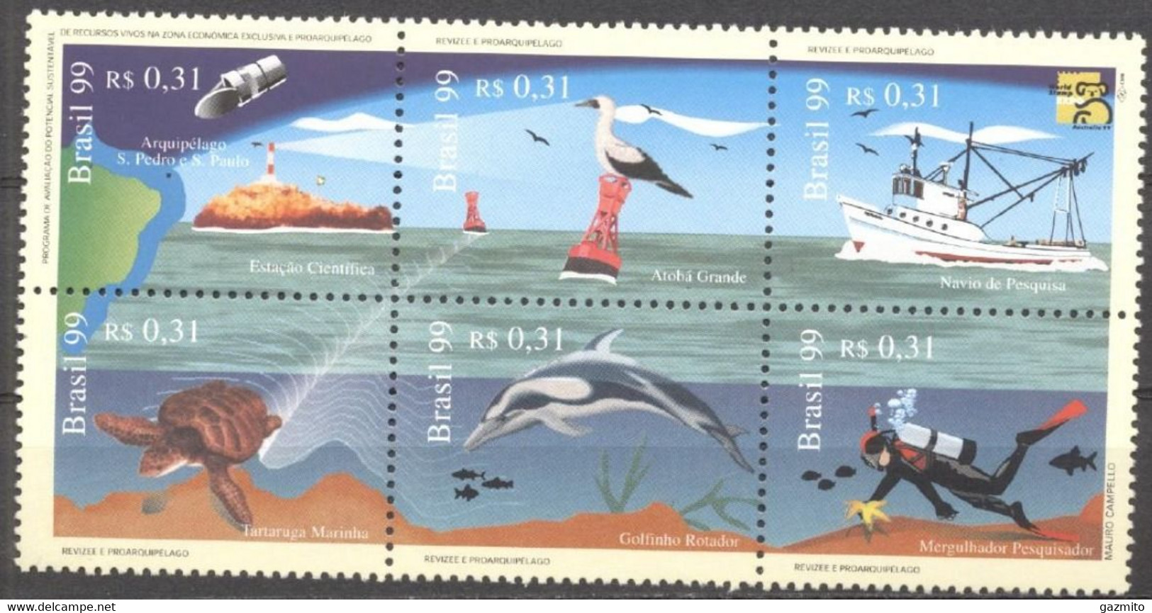 Brasil 1999, Philaexpo Australia99, Seaside, Lighthouse, Seagul, Boat, Turtle, Dolphin, Diving, 6val - Buceo