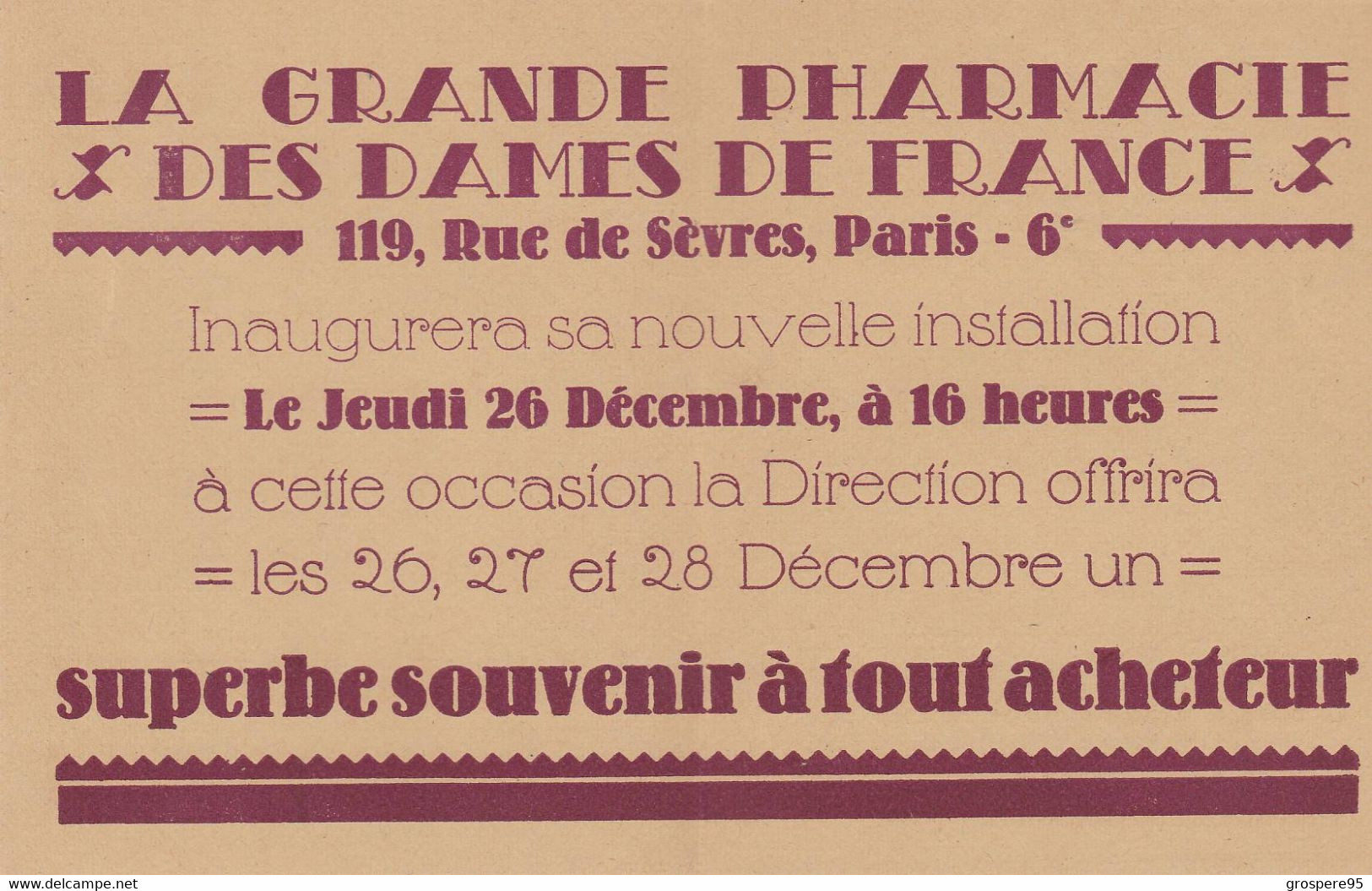 INVITATION INAUGURATION LA GRANDE PHARMACIE LES DAMES DE FRANCE 119 RUE DE SEVRES PARIS 6e + Enveloppe - Pubblicitari