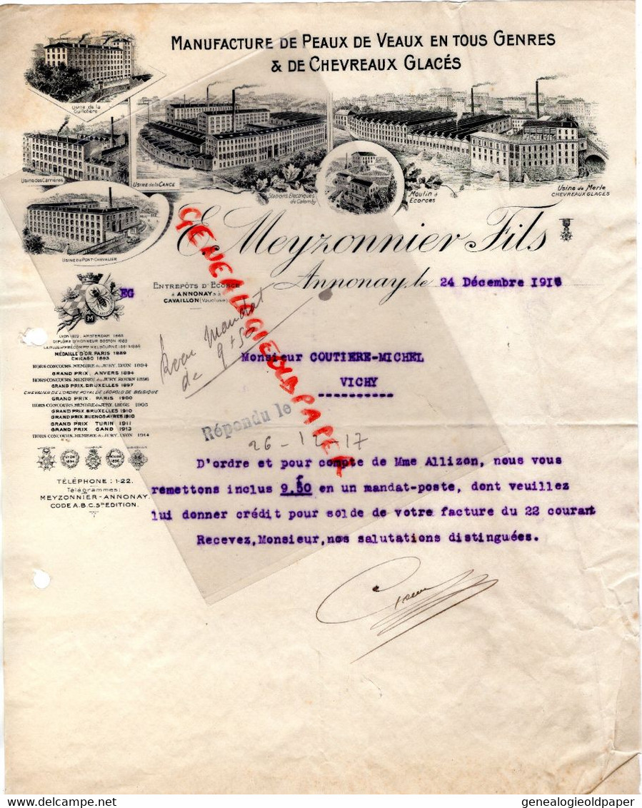 07- ANNONAY- RARE LETTRE E. MEYZONNIER FILS-MANUFACTURE PEAUX VEAUX-CHEVRAUX GLACES-COUTIERE MICHEL VICHY-1916 - Druck & Papierwaren