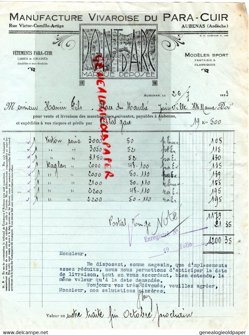 07- AUBENAS- FACTURE PONT D' ARC-MANUFACTURE VIVAROISE DU PARA CUIR-RUE VICTOR ARTIGE-HANIN FILS JOINVILLE 1933 - Textile & Clothing