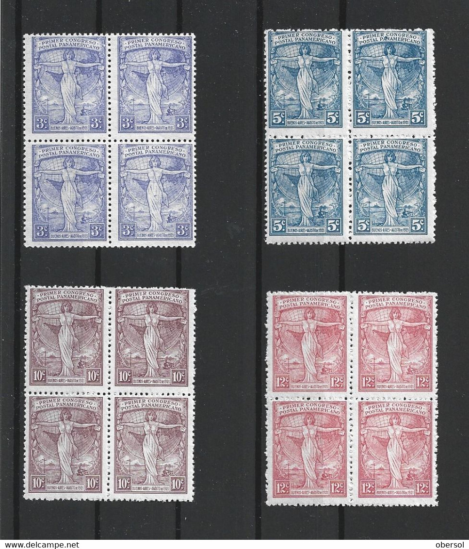 Argentina 1921 Postal Congress Complete Set MNH In Blocks Of Four CV USD 40 - Unused Stamps