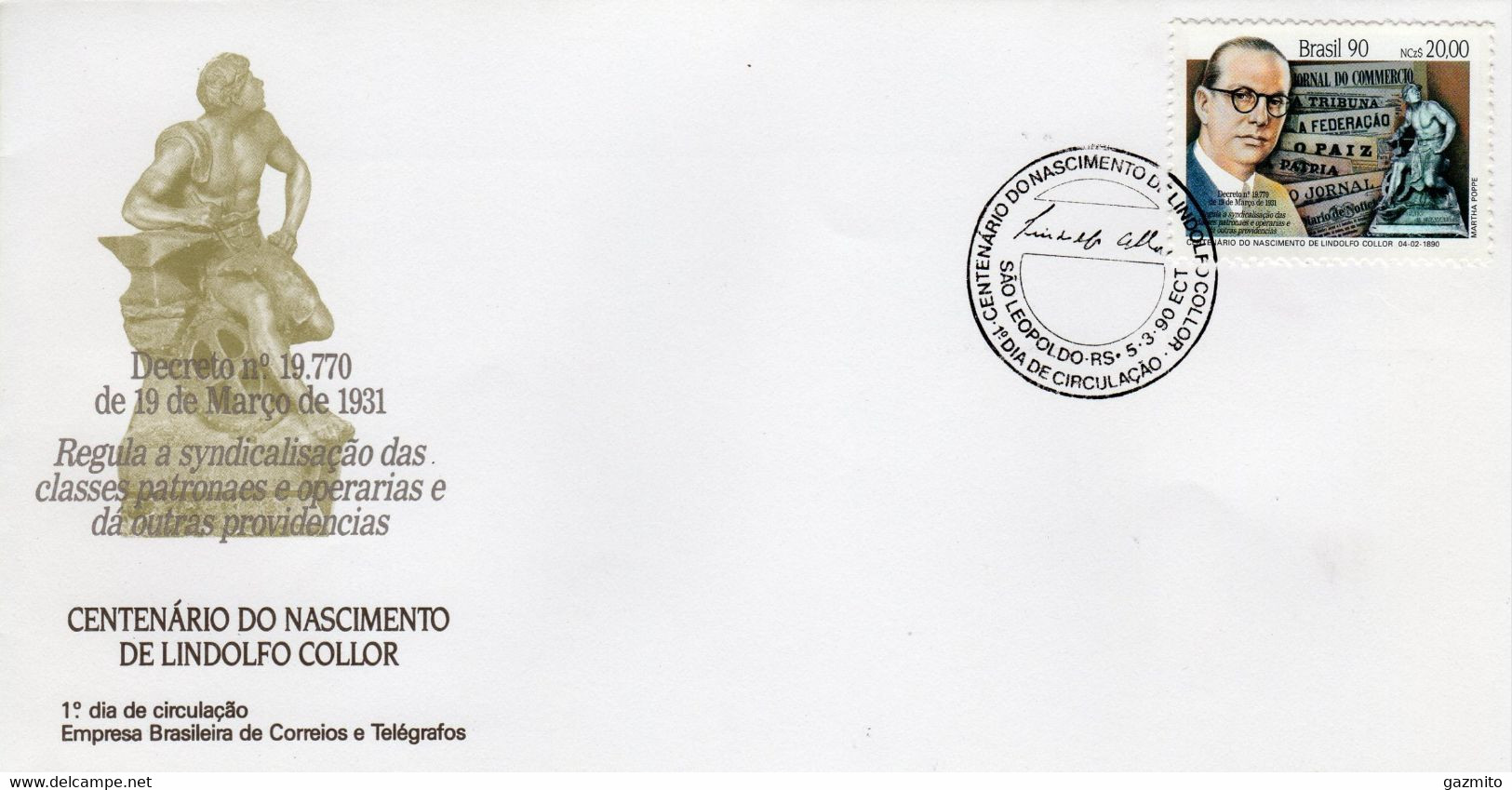 Brasil 1990, 100th L. Collor, Newspaper, FDC - Ecrivains