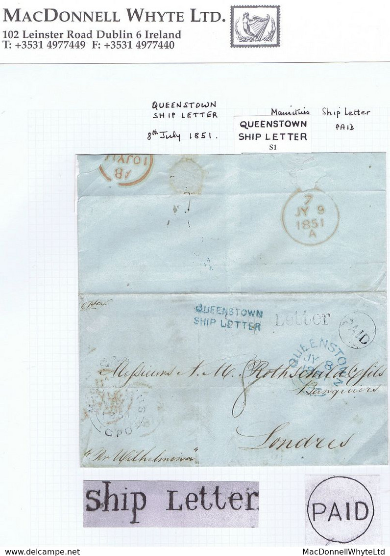 Ireland Maritime Cork 1851 Cover With QUEENSTOWN/SHIP LETTER And Mauritius "Ship Letter" On Face - Vorphilatelie