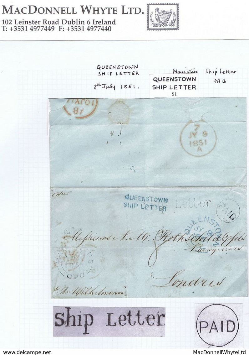 Ireland Maritime Cork 1851 Cover With QUEENSTOWN/SHIP LETTER And Mauritius "Ship Letter" On Face - Préphilatélie