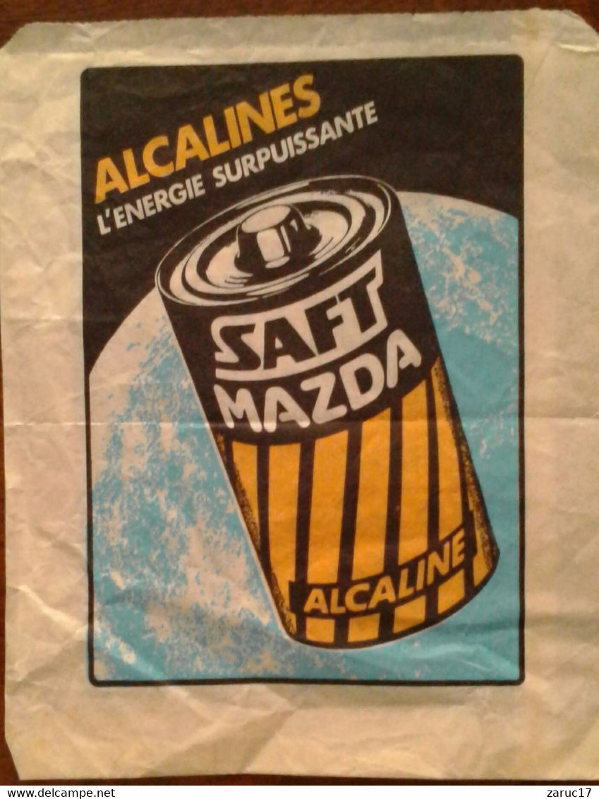 UN SACHET PAPIER EMBALLAGE Publicité PILE SAFT MAZDA  ALCALINE ENERGIE SURPUISSANTE  Années 70/80 - Material Y Accesorios