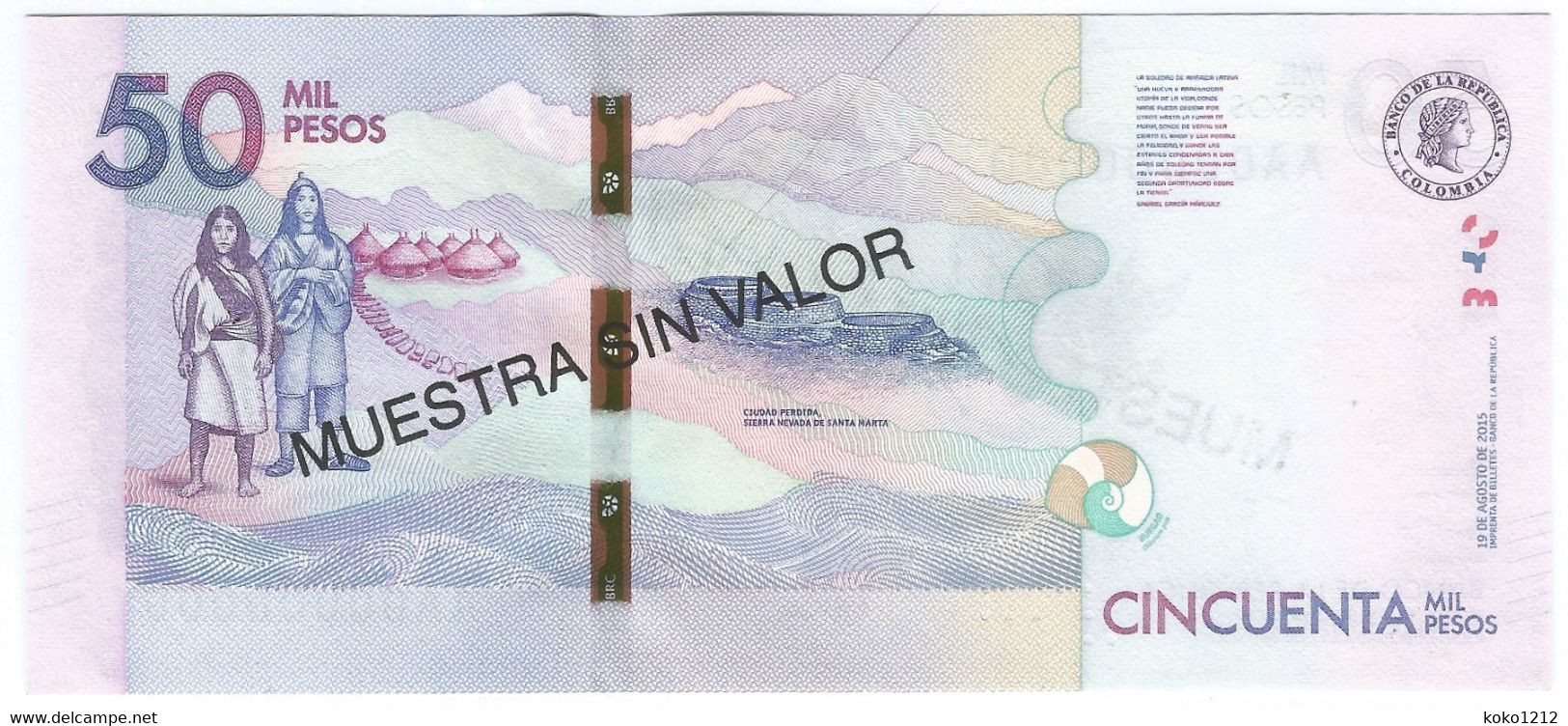 Colombia 50000 Pesos Muestra Sin Valor / SPECIMEN 19/8/2015 P462S UNC - Colombie