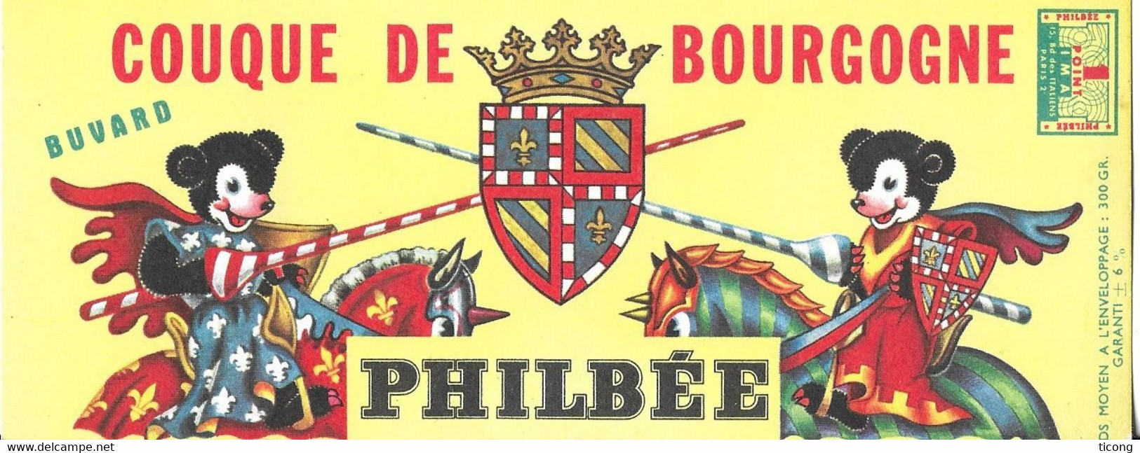 PUBLICITE BUVARD PHILBEE COUQUE DE BOURGOGNE, UN TOURNOI, OURS, POINT IMA PARIS ( VOIR DETAIL DU BUVARD ) TB ETAT - Gingerbread