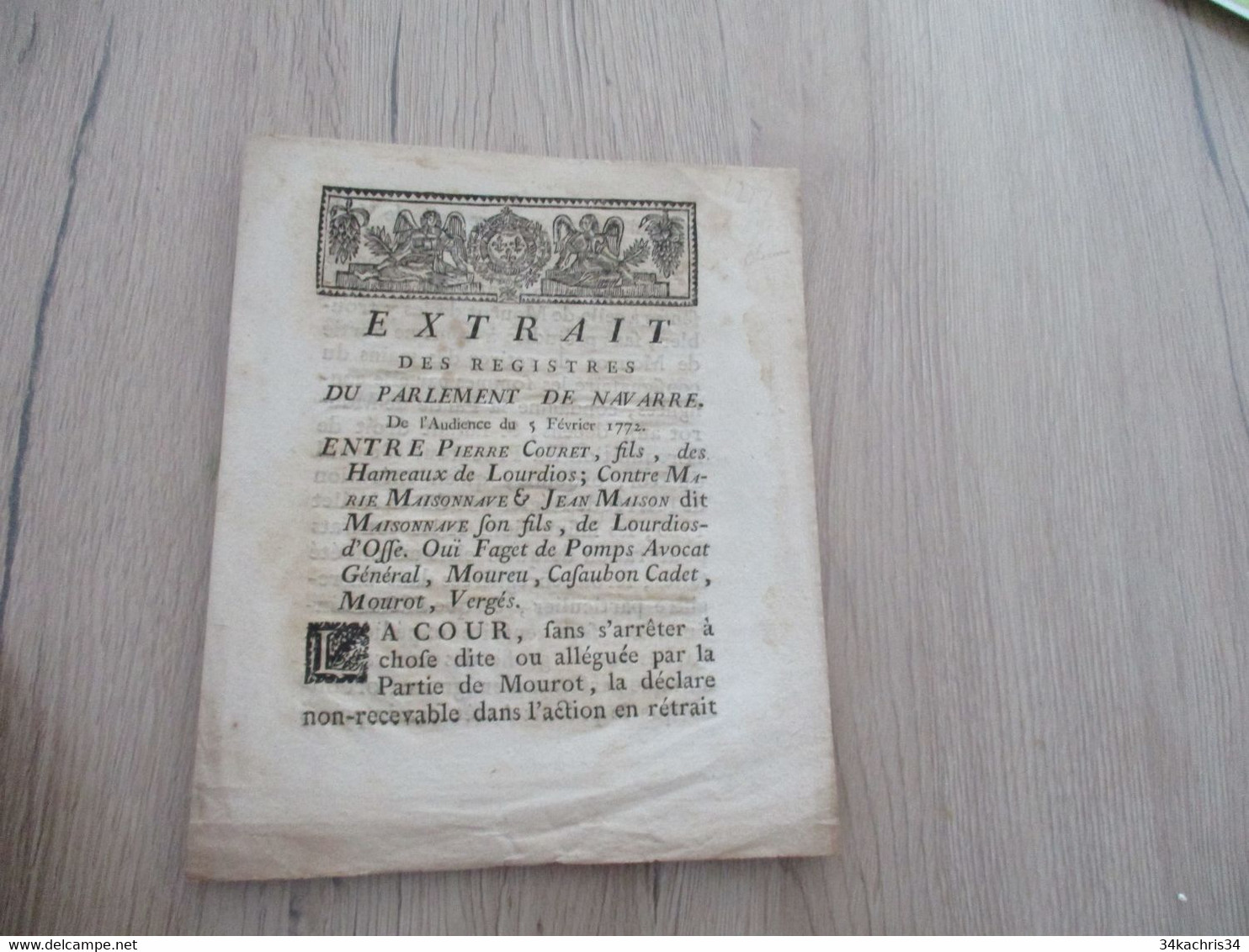Registre Du Parlement De Navarre Du 05/02/1772 Couret De Lourdios Contre  Maisonnave Affaire De Terre - Gesetze & Erlasse