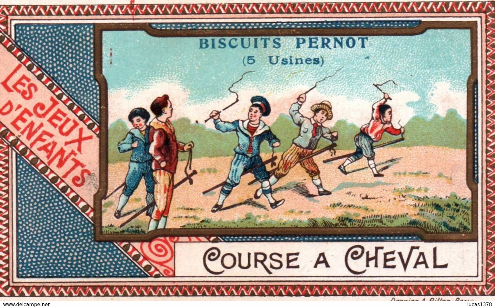 CHROMO DOREE  / BISCUITS PERNOT / LES JEUX D ENFANTS / COURSE A CHEVAL - Pernot