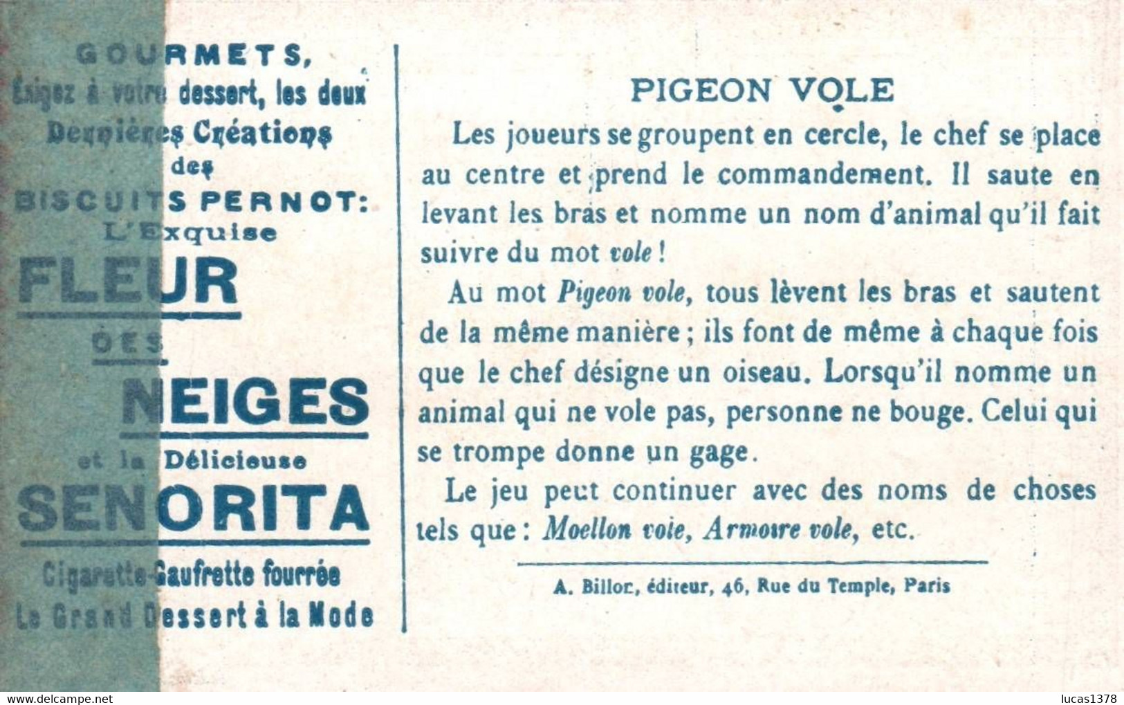 CHROMO DOREE  / BISCUITS PERNOT / LES JEUX D ENFANTS / PIGEON VOLE - Pernot