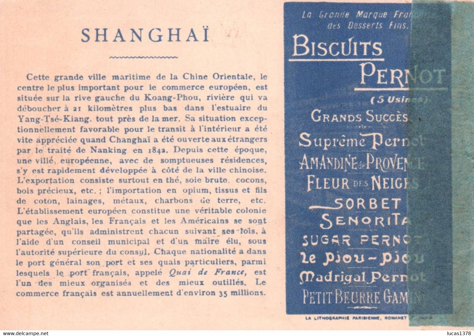 CHROMO / BISCUITS PERNOT / LES GRANDS PORTS DU MONDE / SHANGHAI / QUAI DE FRANCE - Pernot