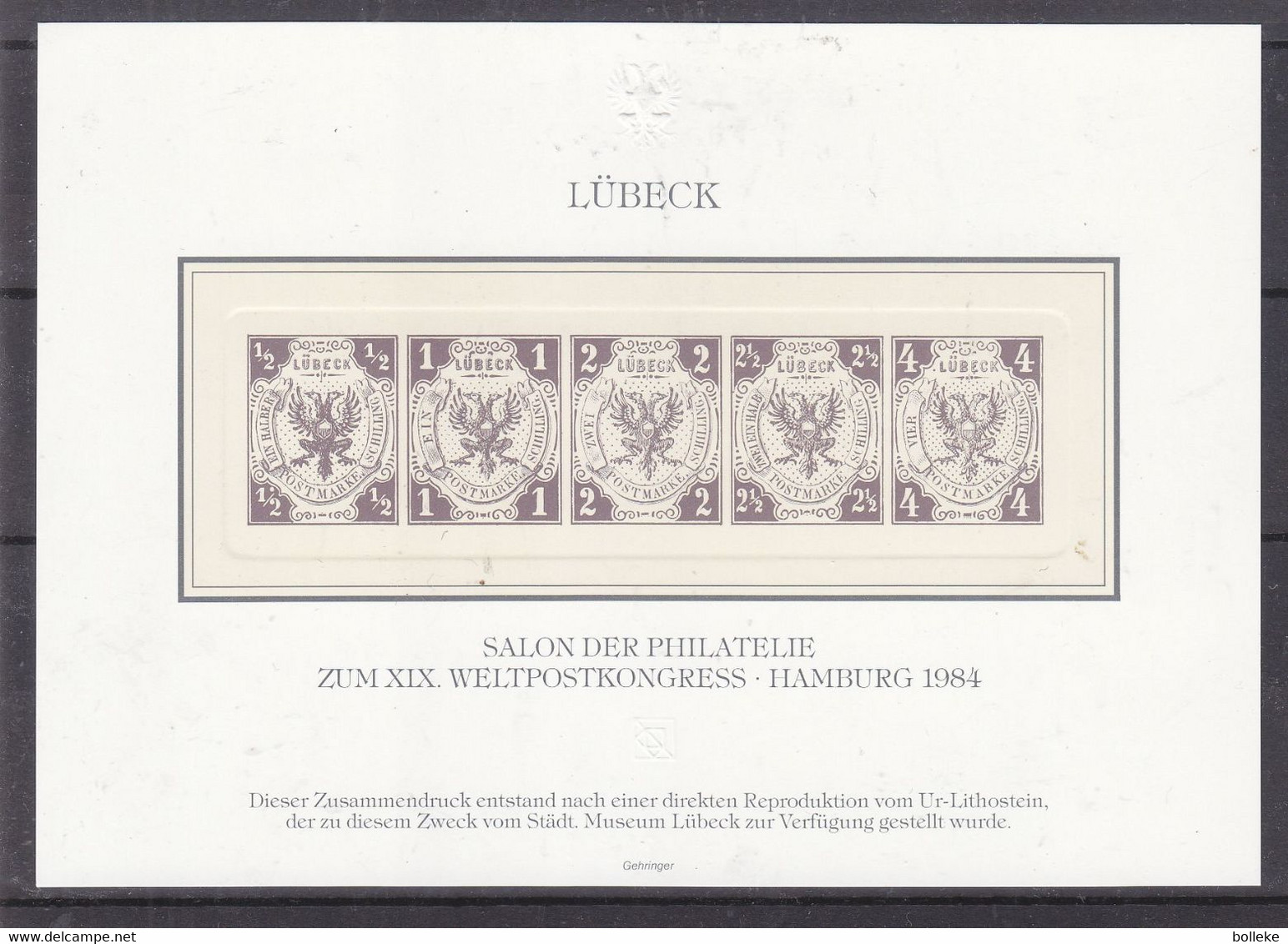 Allemagne - Lübeck - BF De 1984 -  Reproduction Avec La Pierre Litho Originale Du Musée Postal - - Luebeck