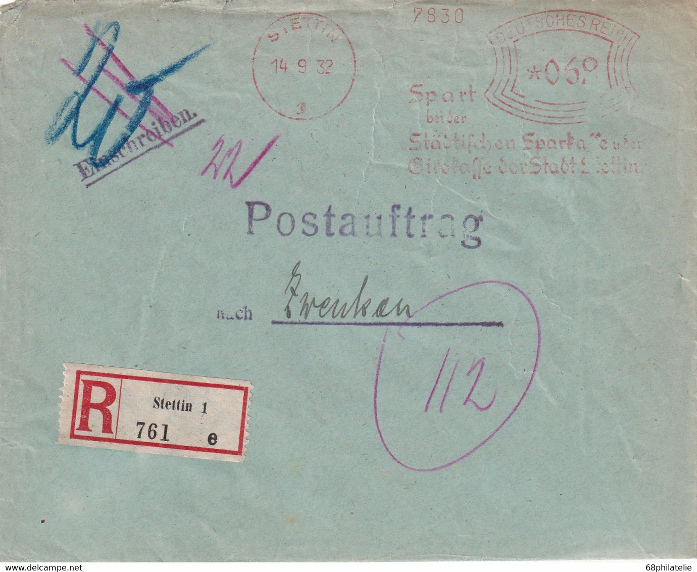 ALLEMAGNE 1932 LETTRE RECOMMANDEE  EMA DE STETTIN AVEC CACHET ARRIVEE ZWICKAU - Franking Machines (EMA)