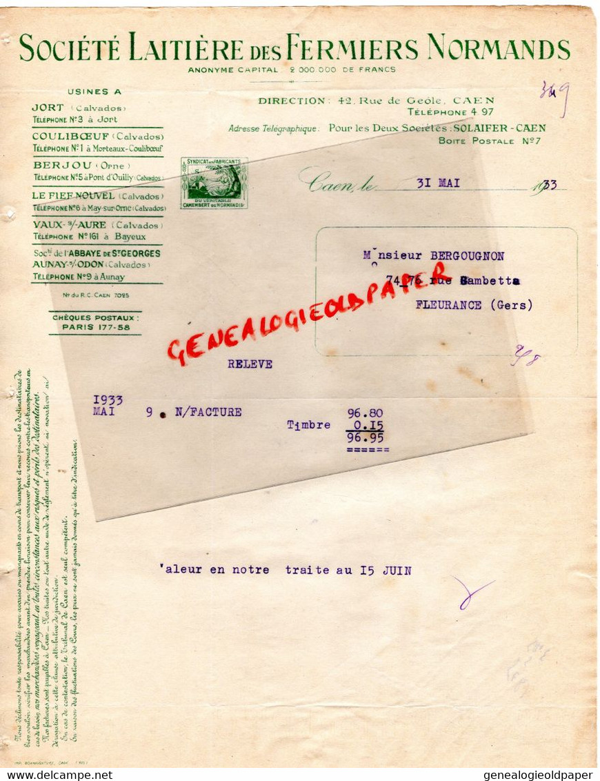 14- CAEN - FACTURE SOCIETE LAITIERE FERMIERS NORMANS-LAITERIE-42 RUE DE GEOLE-JORT-COULIBOEUF-BERJOU-VAUX SUR AURE-1933 - Food