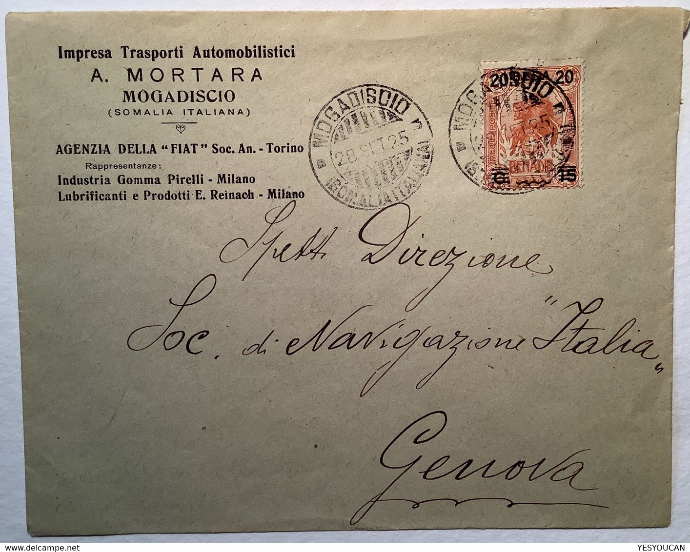 "MOGADISCIO SOMALIA ITALIANA 1925"  Sa.40 Cover (lettera Africa Orientale Lion Fiat Automobile Pirelli - Somalia