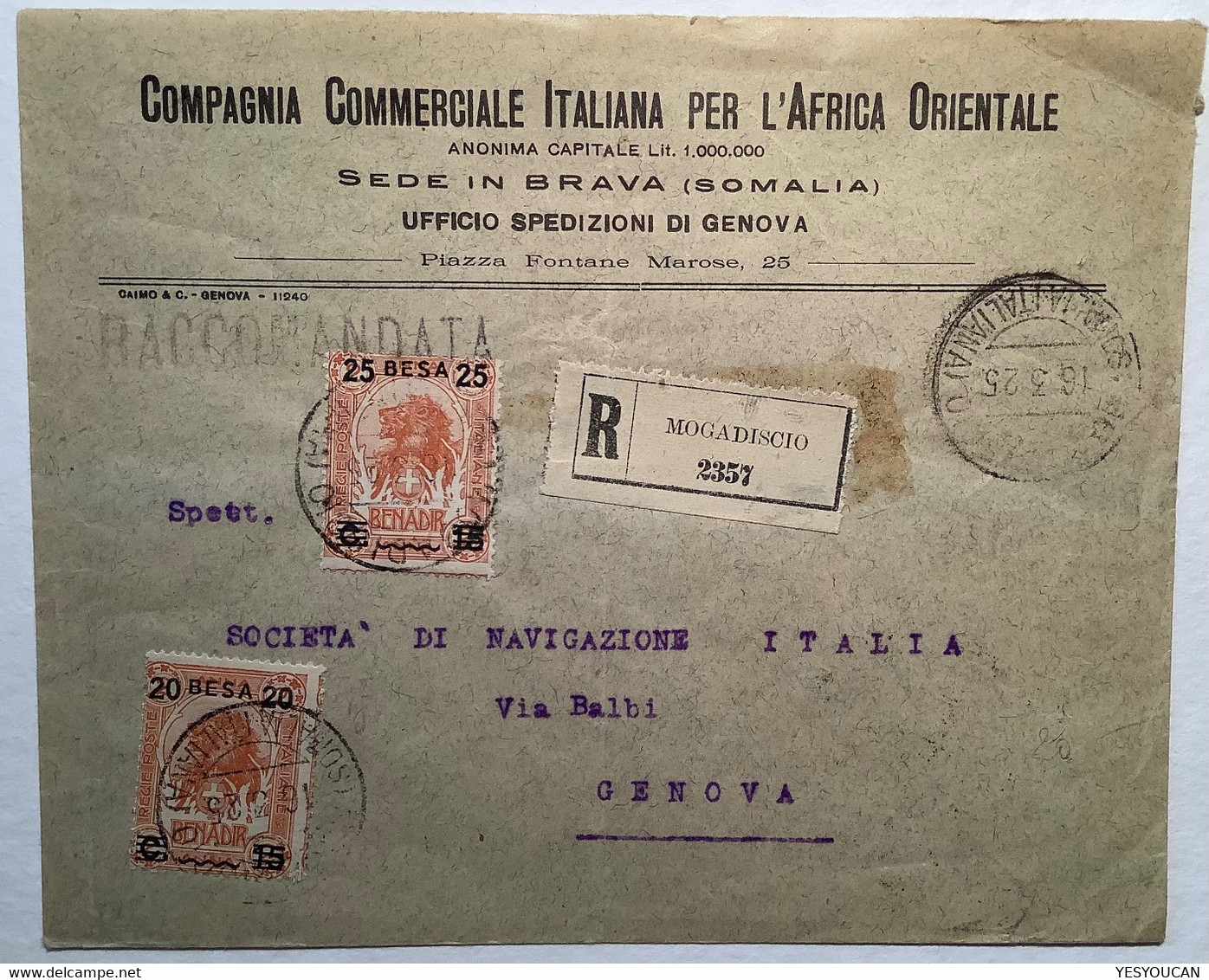 "MOGADISCIO SOMALIA ITALIANA 1925"  Sa.40, 41 RACCOMANDATA Cover (lettera Africa Orientale Lion - Somalië