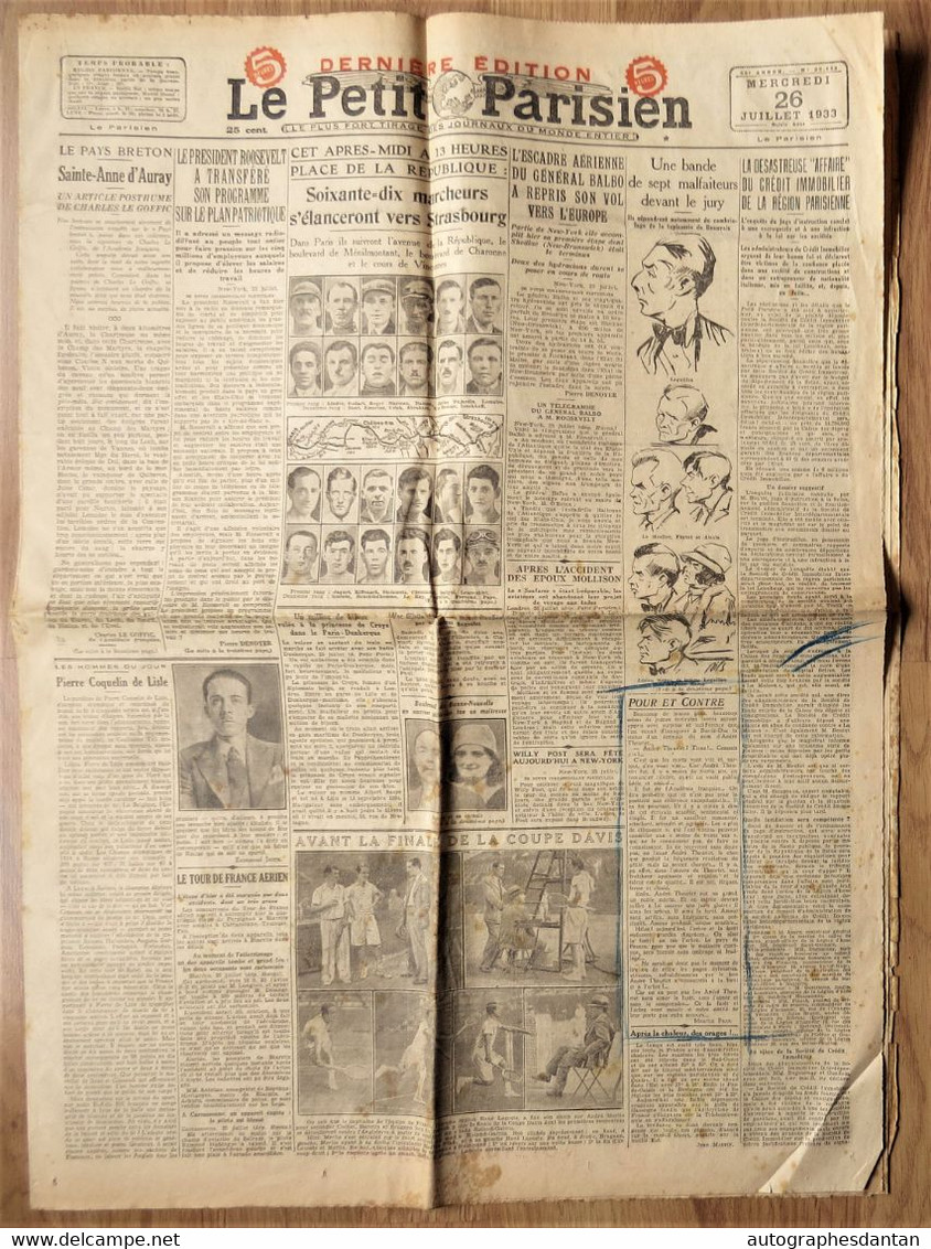 ● Le Petit Parisien - Journal Du 26 Juillet 1933 - Avant La Finale De La Coupe Davis - 70 Marcheurs > Strasbourg - Etc - Le Petit Parisien