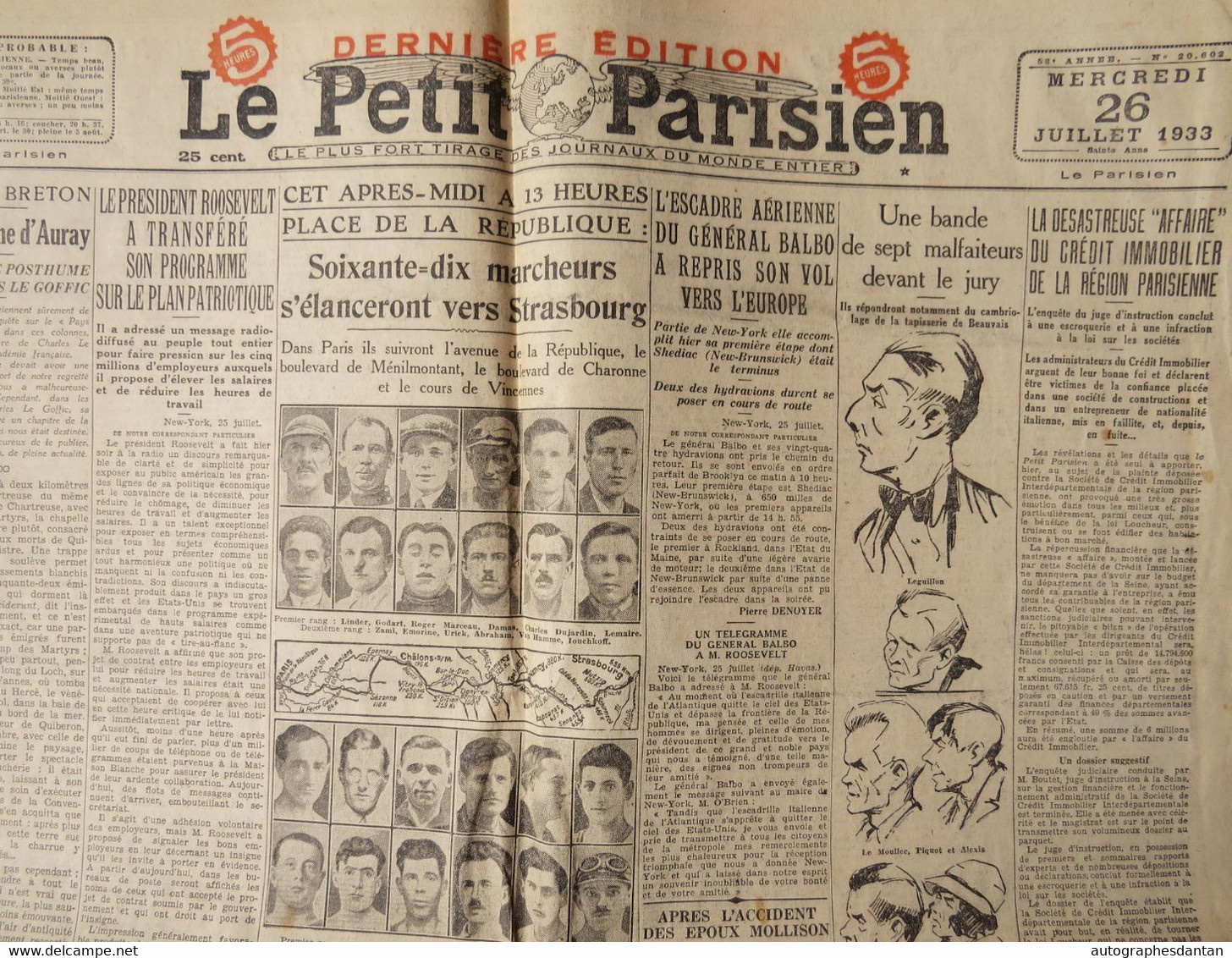 ● Le Petit Parisien - Journal Du 26 Juillet 1933 - Avant La Finale De La Coupe Davis - 70 Marcheurs > Strasbourg - Etc - Le Petit Parisien