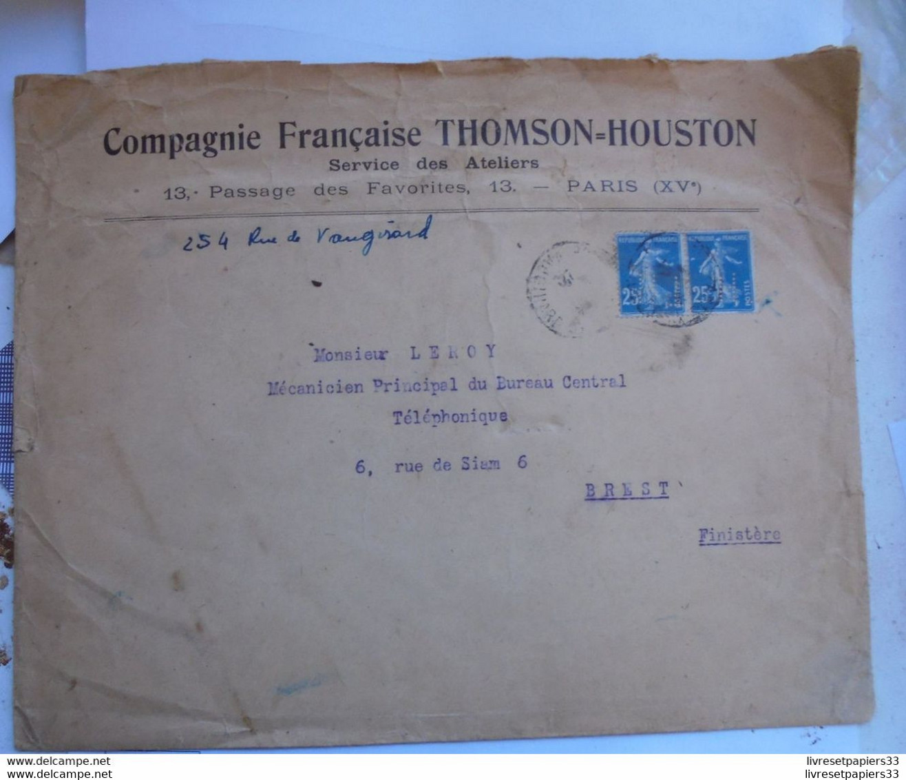 Grande Enveloppe THOMSON-HOUSTON- 2 Semeuses 25 Cts De Paris à Brest - Oblitérés