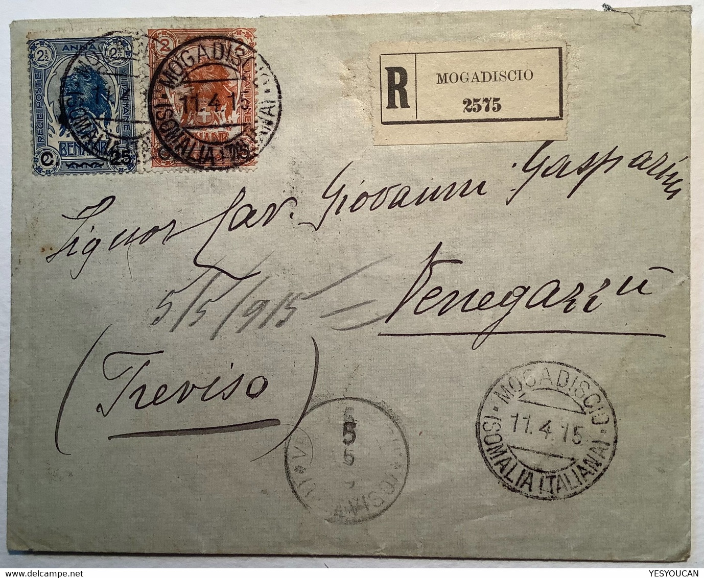 "MOGADISCIO SOMALIA ITALIANA 1915"  Sa. 13, 14 RACCOMANDATA Cover (lettera Treviso Africa Orientale Lion - Somalie