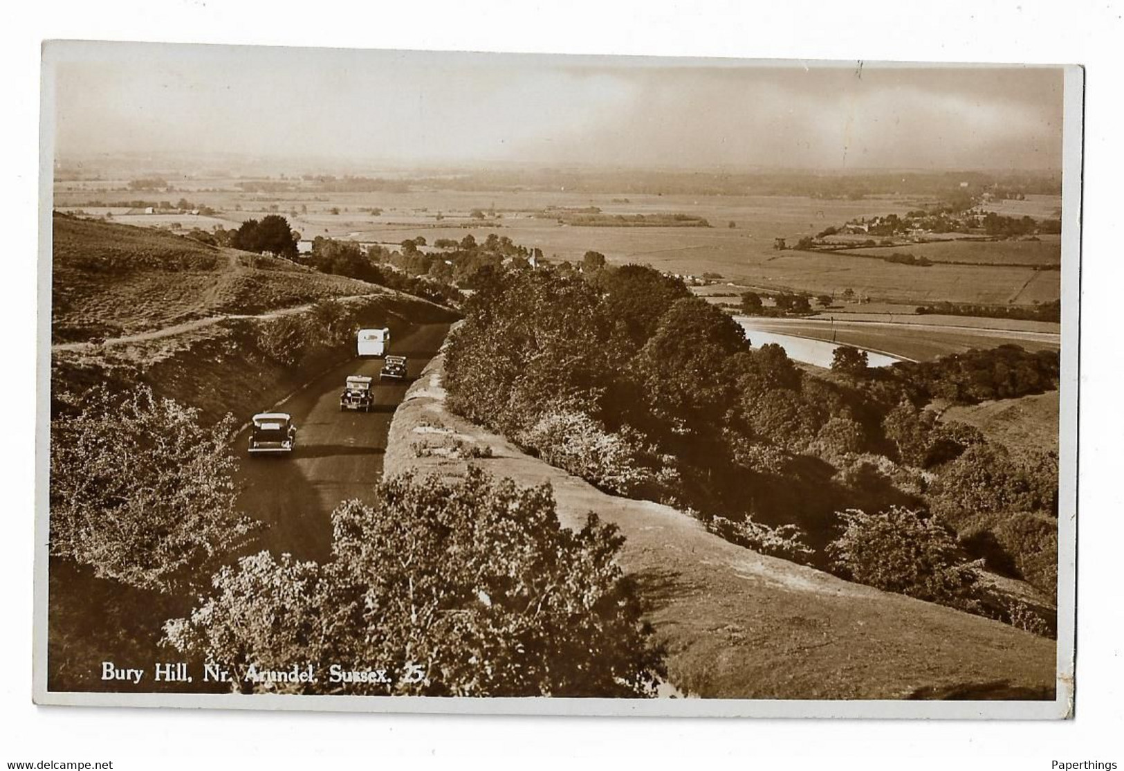 Real Photo Postcard, Sussex, Arundel, Bury Hill, Road, Car, Landscape. - Arundel