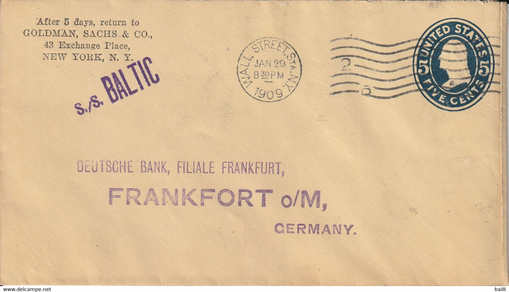 Etats Unis Entier Postal Privé Wall Street + S/S Baltic Pour L'Allemagne 1909 - 1901-20