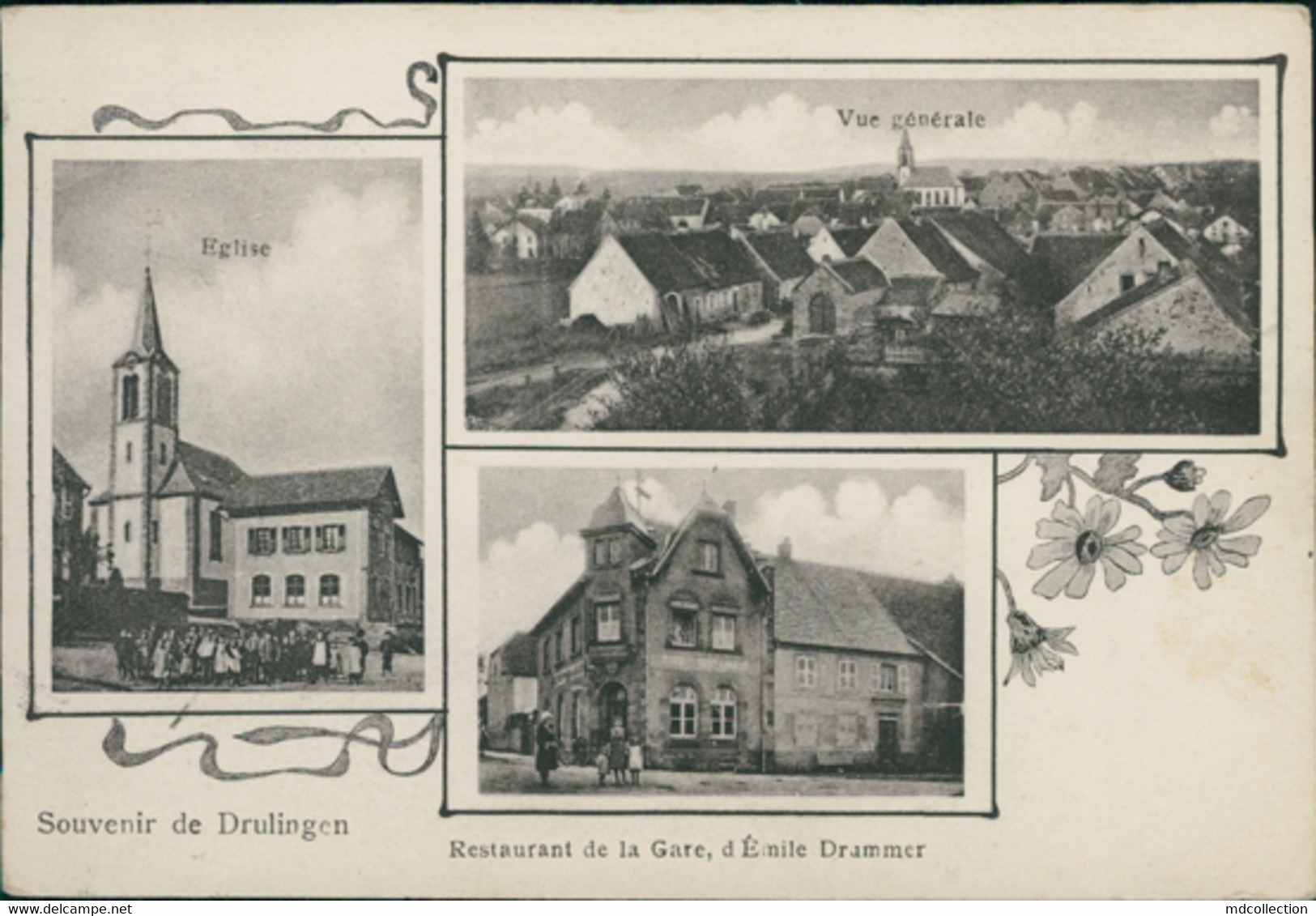 67 DRULINGEN /  Eglise, Vue Générale, Restaurant De La Gare D'Emile Drammer / CARTE COMPOSEE - Drulingen