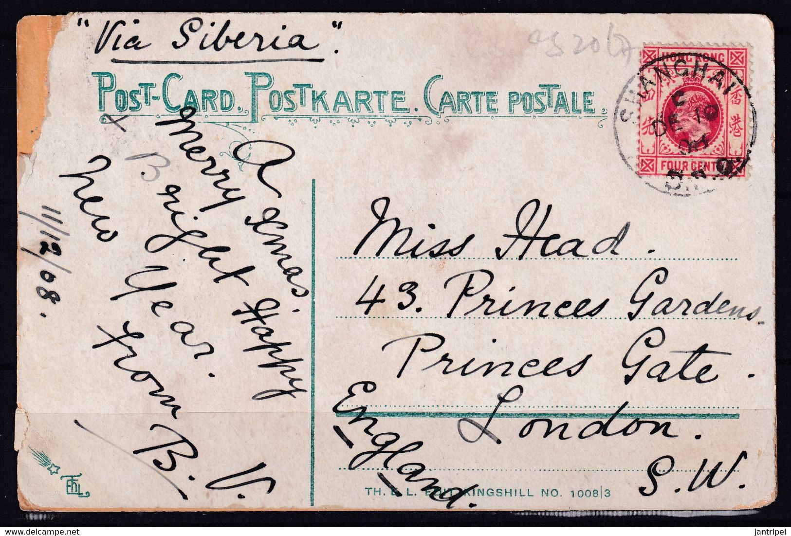 CHINA 1908 COLOURED PPC "SHANGHAI NANKING ROAD"  4c KEVII H.K.STAMP SEND TO GREAT BRITAIN. - Covers & Documents