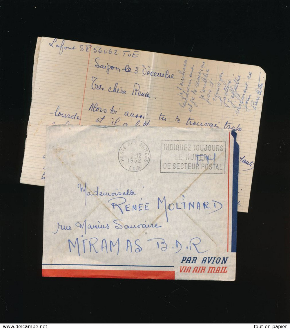 LETTRE FRANCHISE ARMÉE FRANÇAISE  POSTE AUX ARMEES  INDOCHINE 1952 TOE  Saigon Vers Miramas- SP56062 - Guerra D'Indocina/Vietnam