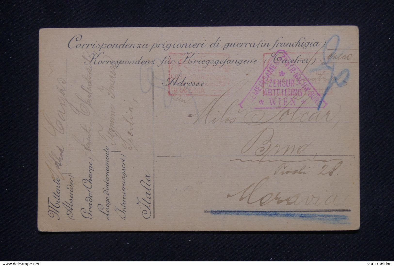 TCHÉCOSLOVAQUIE - Carte D'un Prisonnier De Guerre En Italie En Fm Pour Brno En 1917 - L 134572 - ...-1918 Voorfilatelie